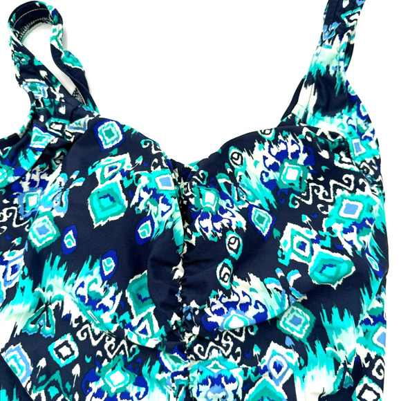 MAXINE‎ OF HOLLYWOOD 10 1 Piece Swimsuit Vintage Ruched Tummy Control Blue Print - Picture 1 of 10